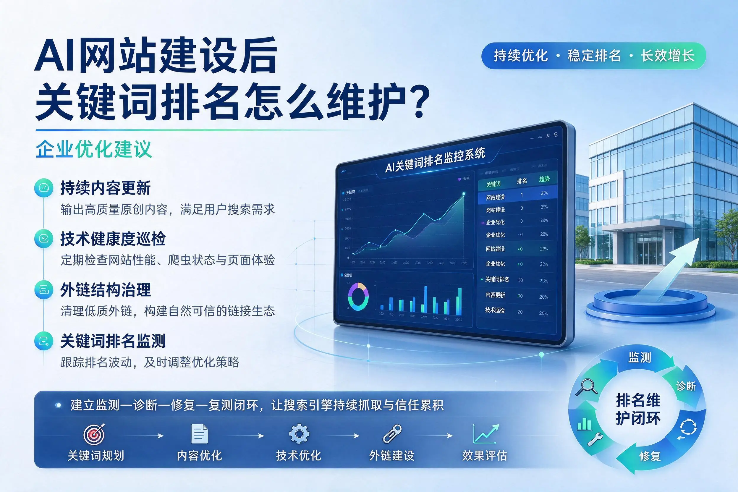 AI网站建设后关键词排名怎么维护？琼中企业优化建议